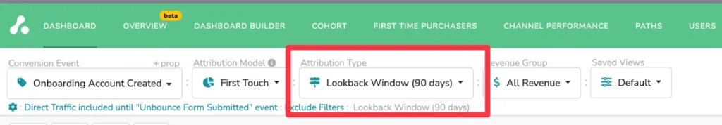 Screenshot showing Attribution Type highlighting the Lookback window.